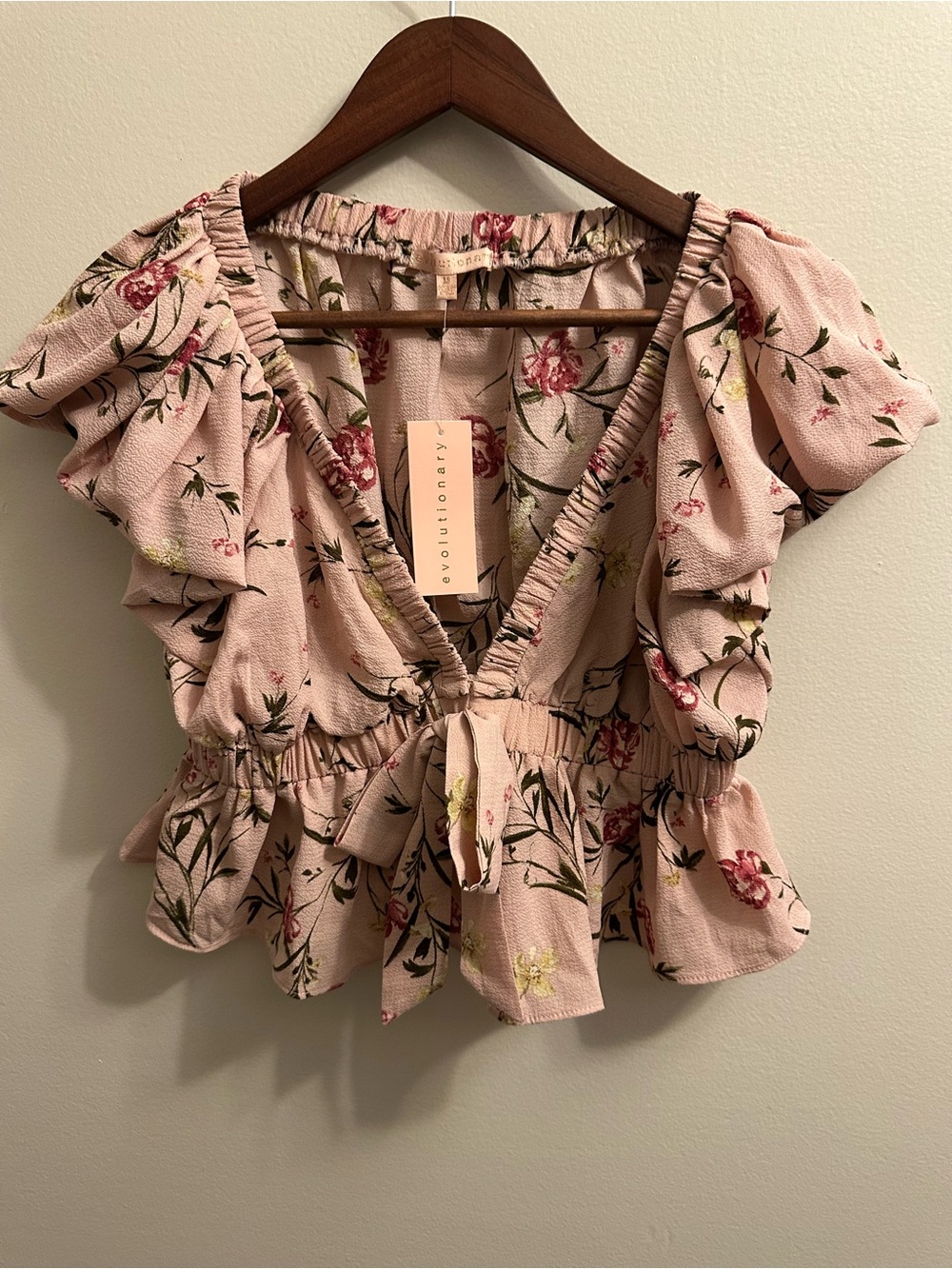 Blush Pink Floral Ruffle Tie-Front Blouse